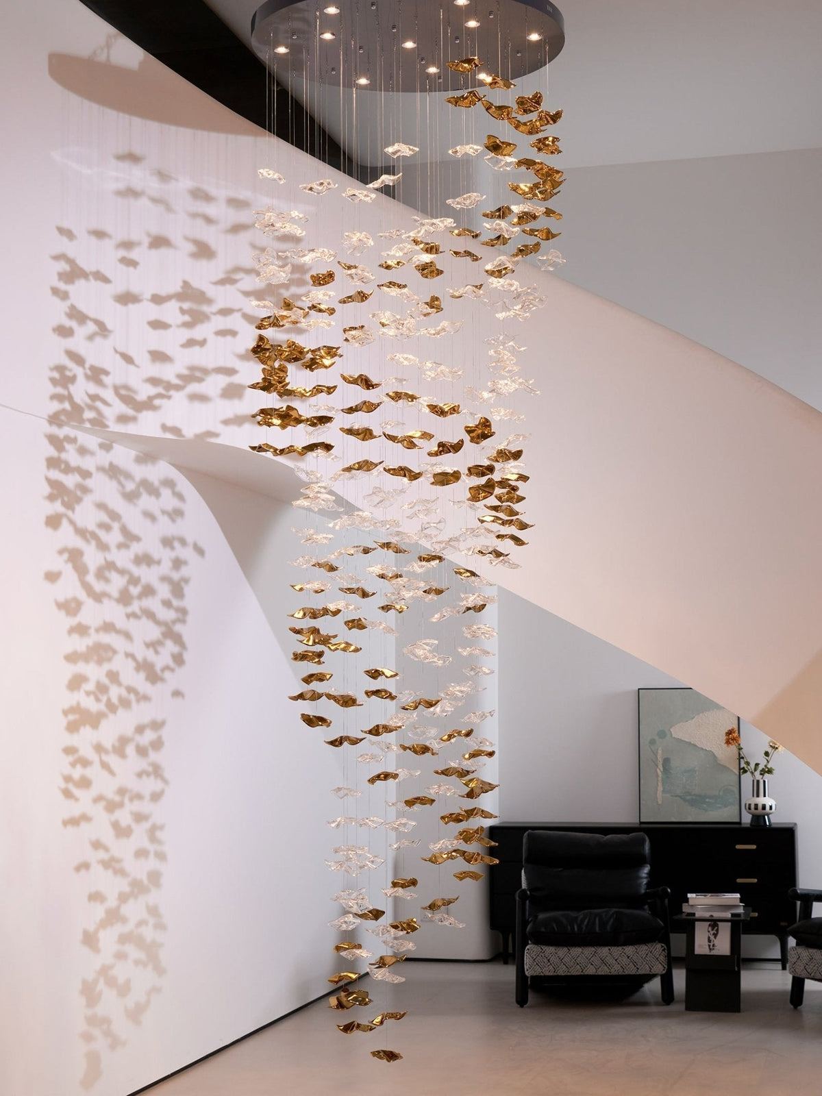 Grande lampadario a foglie di cristallo Nephele — Rosone 210x80cm, onde a cascata