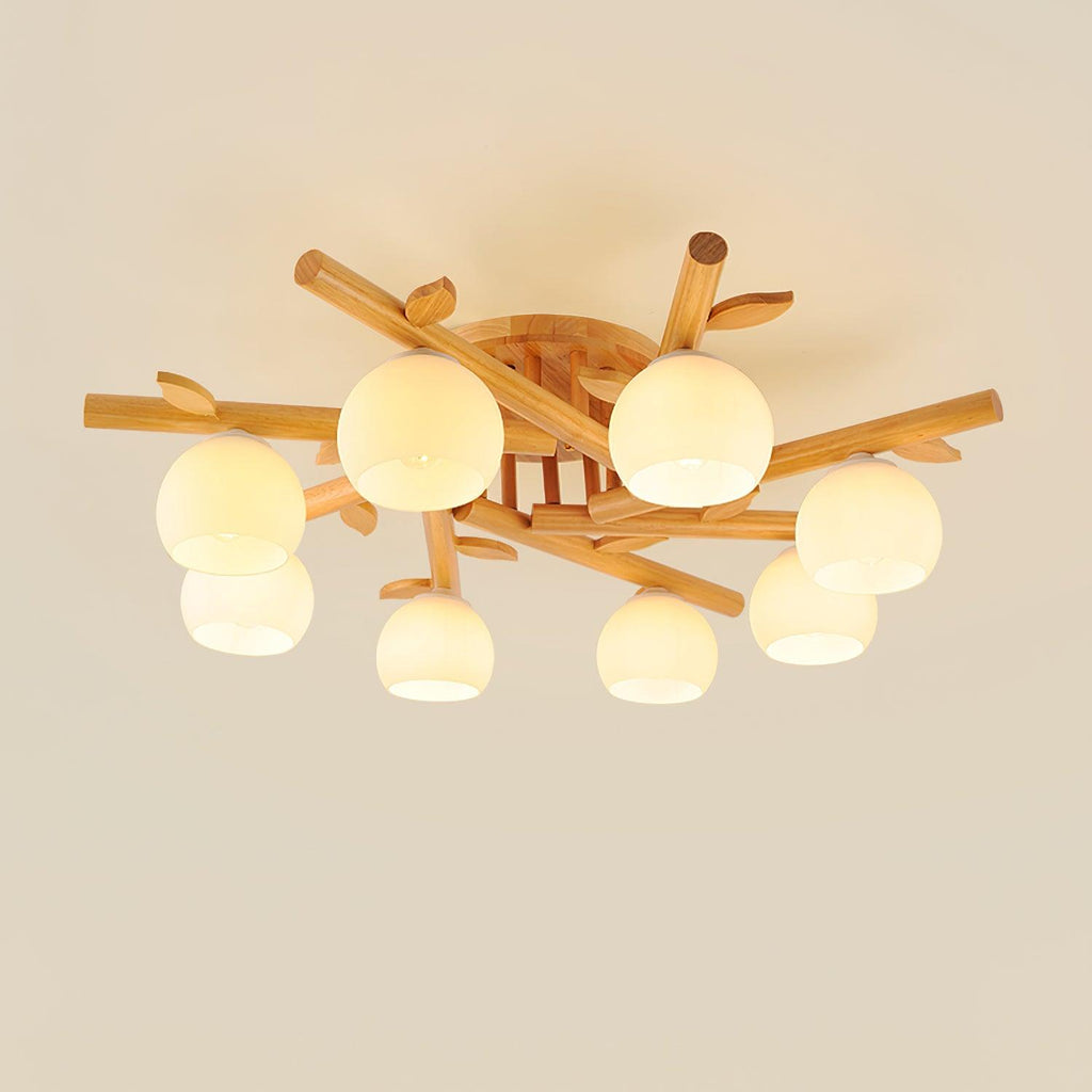Lámpara de techo minimalista orgánica - cuerpo de madera cálida, globos de vidrio
