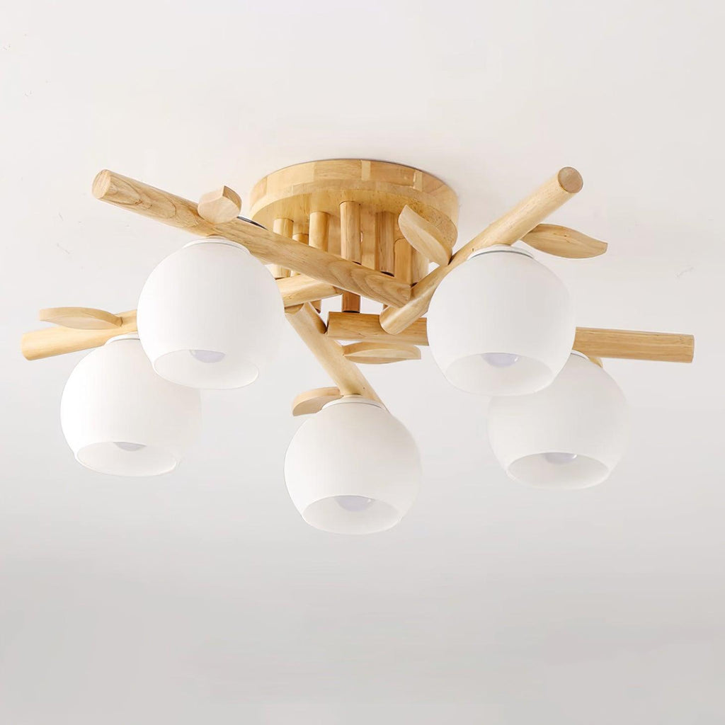 Lámpara de techo minimalista orgánica - cuerpo de madera cálida, globos de vidrio