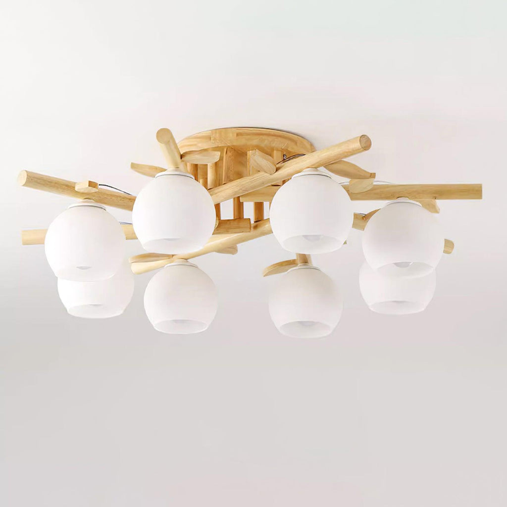 Lámpara de techo minimalista orgánica - cuerpo de madera cálida, globos de vidrio