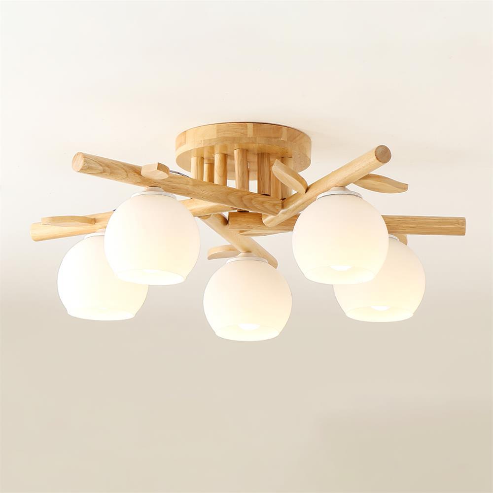 Lámpara de techo minimalista orgánica - cuerpo de madera cálida, globos de vidrio