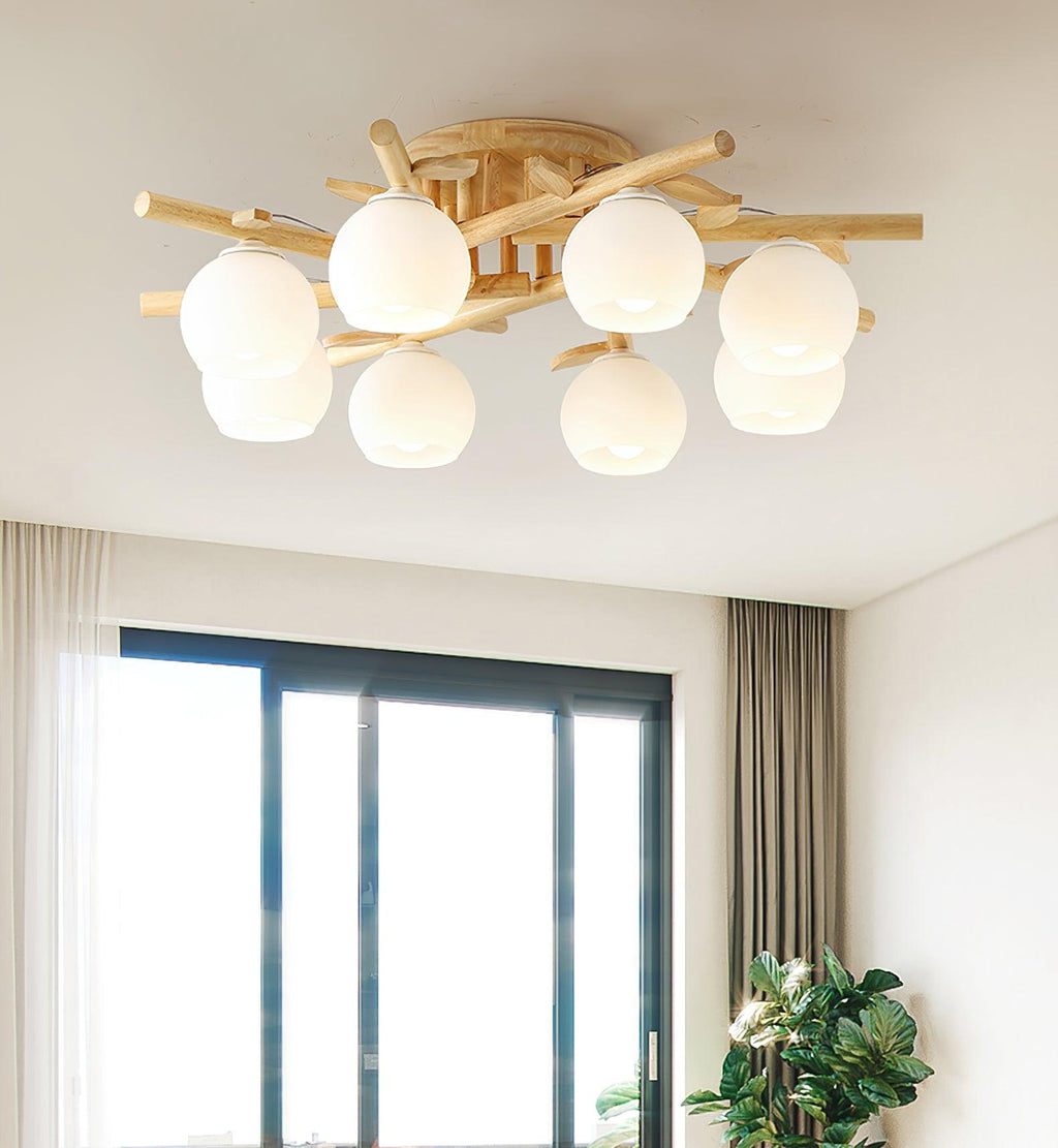 Lámpara de techo minimalista orgánica - cuerpo de madera cálida, globos de vidrio