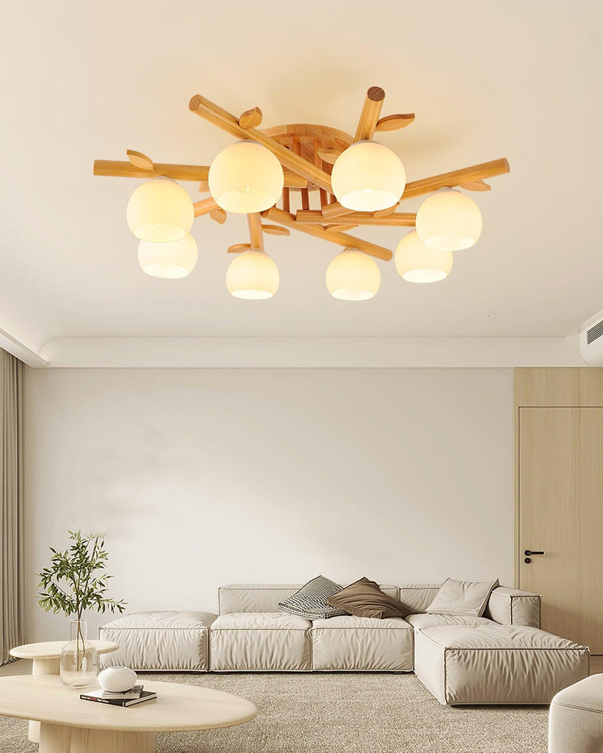 Lámpara de techo minimalista orgánica - cuerpo de madera cálida, globos de vidrio