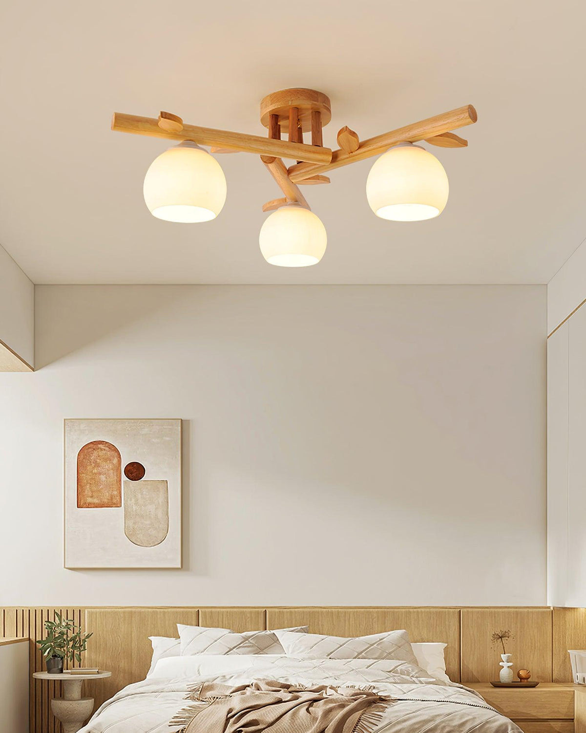 Lámpara de techo minimalista orgánica - cuerpo de madera cálida, globos de vidrio