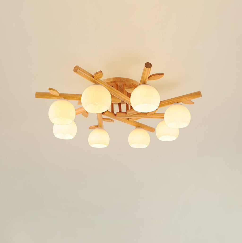 Lámpara de techo minimalista orgánica - cuerpo de madera cálida, globos de vidrio