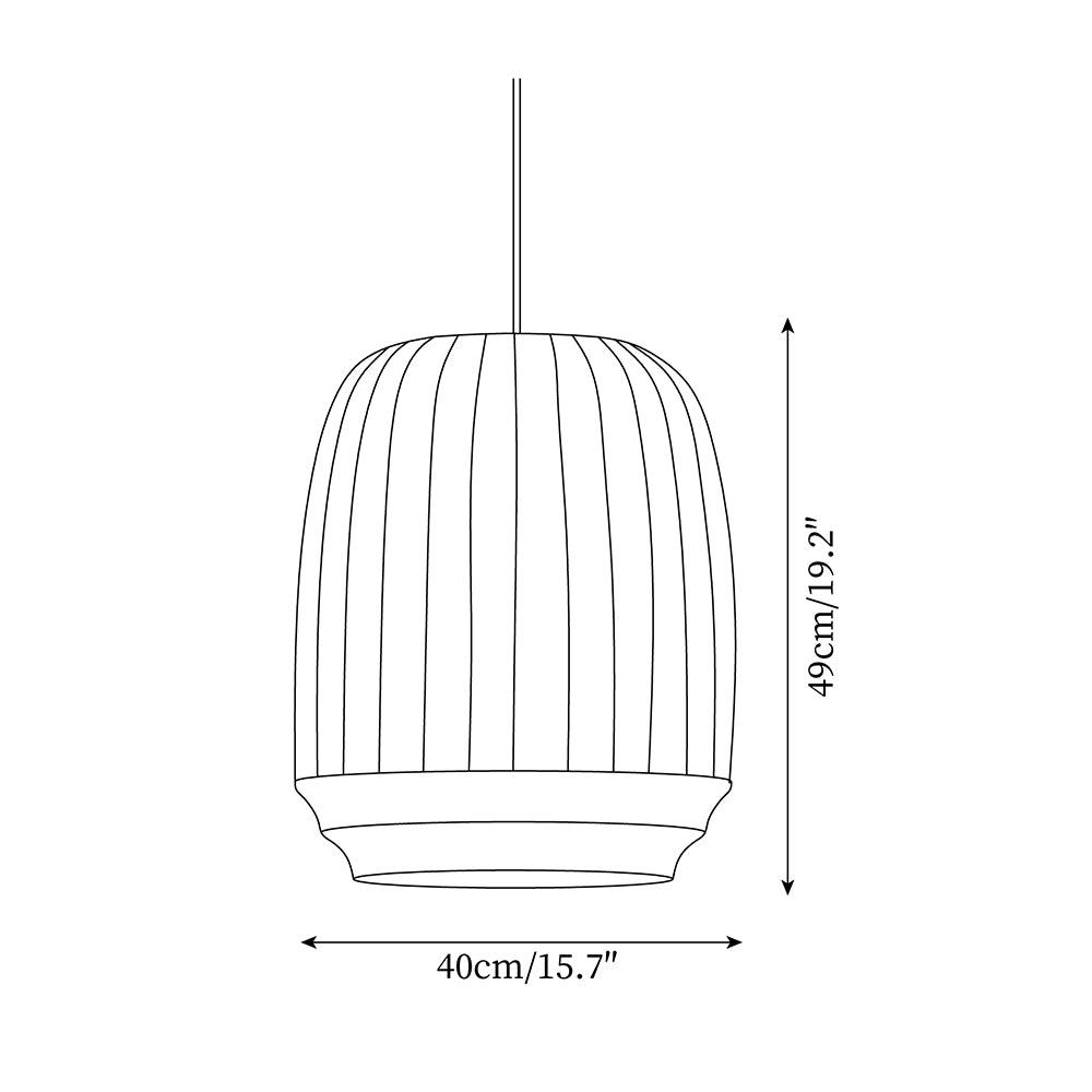 Moderne minimalistische hanglamp — witte zijden kap, verticale lijnen