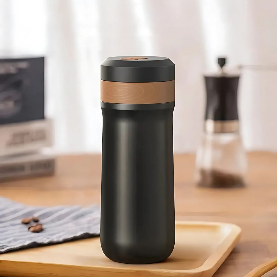 French Press Travel Mug - Double-Wall Stainless Steel - 320ml - Leak-Resistant Lid