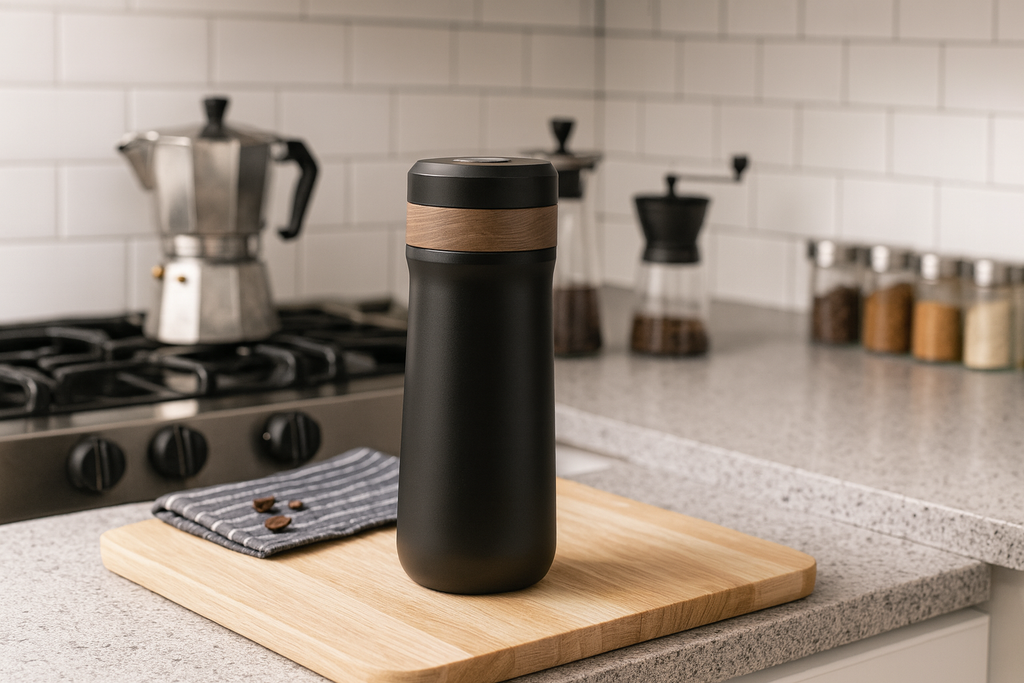 French Press Travel Mug - Double-Wall Stainless Steel - 320ml - Leak-Resistant Lid