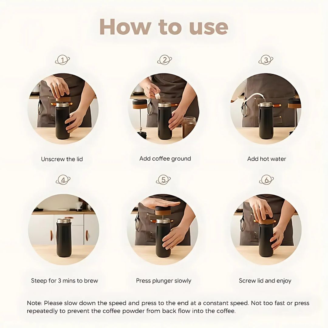 French Press Travel Mug - Double-Wall Stainless Steel - 320ml - Leak-Resistant Lid