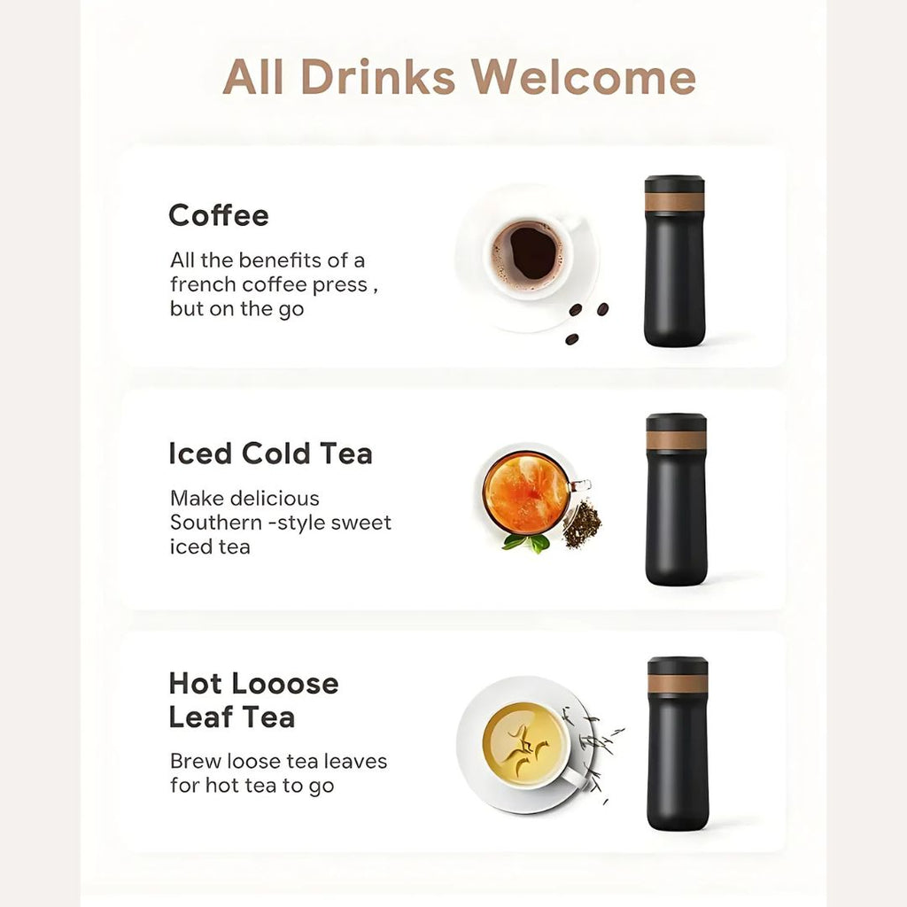French Press Travel Mug - Double-Wall Stainless Steel - 320ml - Leak-Resistant Lid