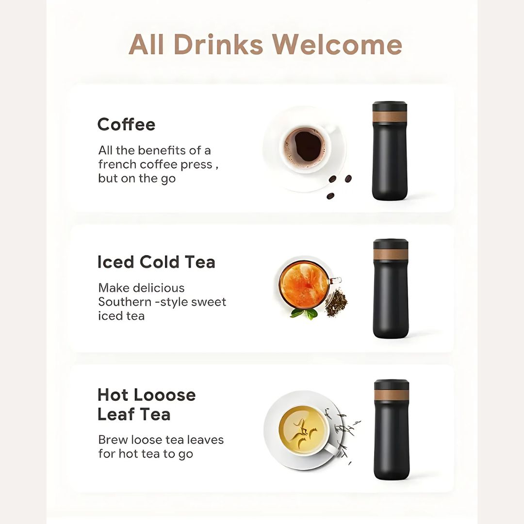 French Press Travel Mug - Double-Wall Stainless Steel - 320ml - Leak-Resistant Lid