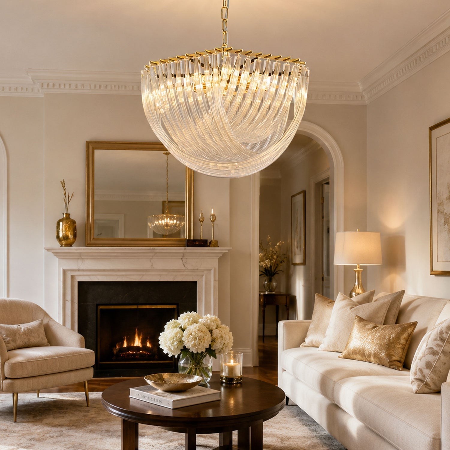 Trevi Glass Chandelier — Polished Gold Canopy, Curved Clear Glass Rods, 5 Sizes