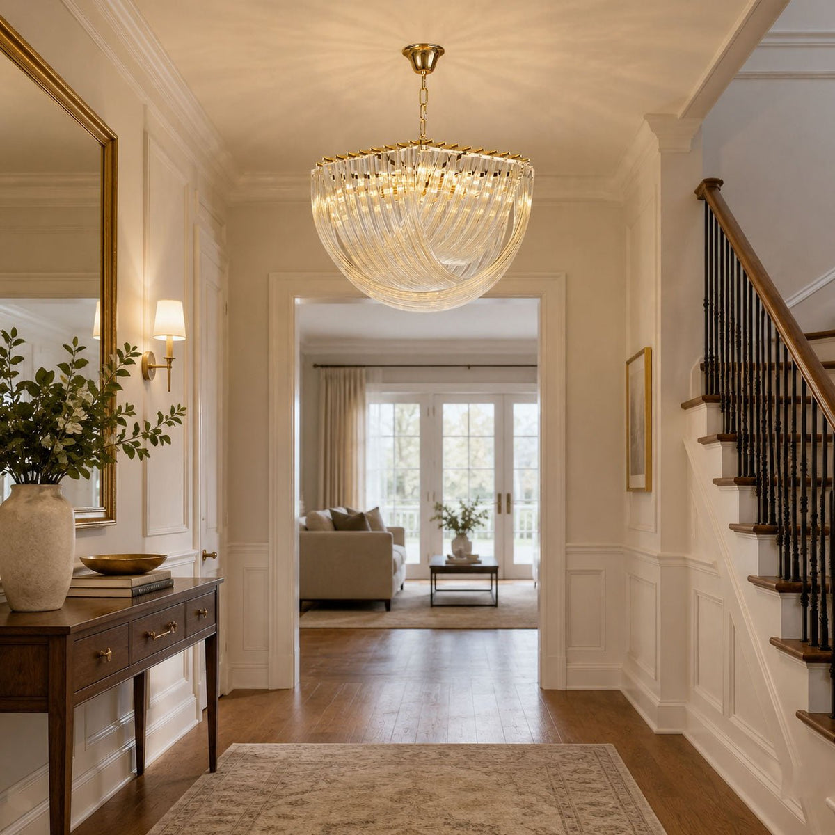 Trevi Glass Chandelier — Polished Gold Canopy, Curved Clear Glass Rods, 5 Sizes