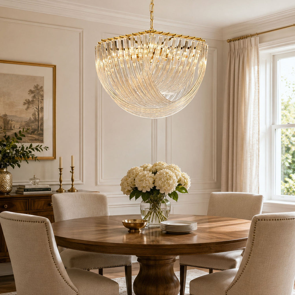 Trevi Glass Chandelier — Polished Gold Canopy, Curved Clear Glass Rods, 5 Sizes