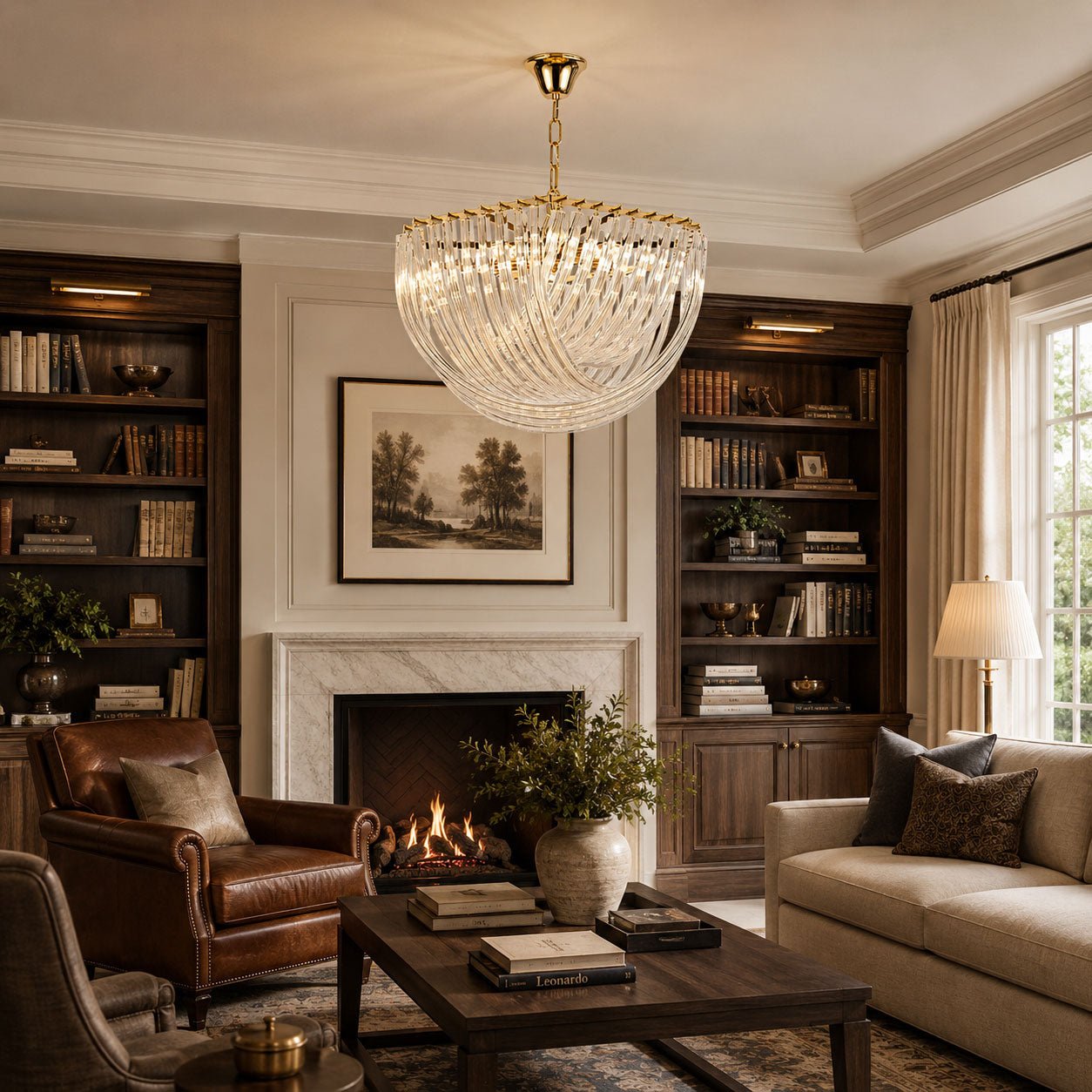 Trevi Glass Chandelier — Polished Gold Canopy, Curved Clear Glass Rods, 5 Sizes
