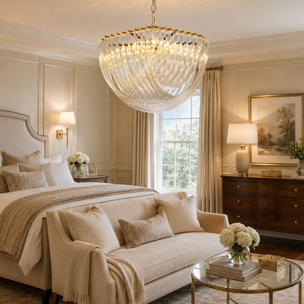 Trevi Glass Chandelier — Polished Gold Canopy, Curved Clear Glass Rods, 5 Sizes