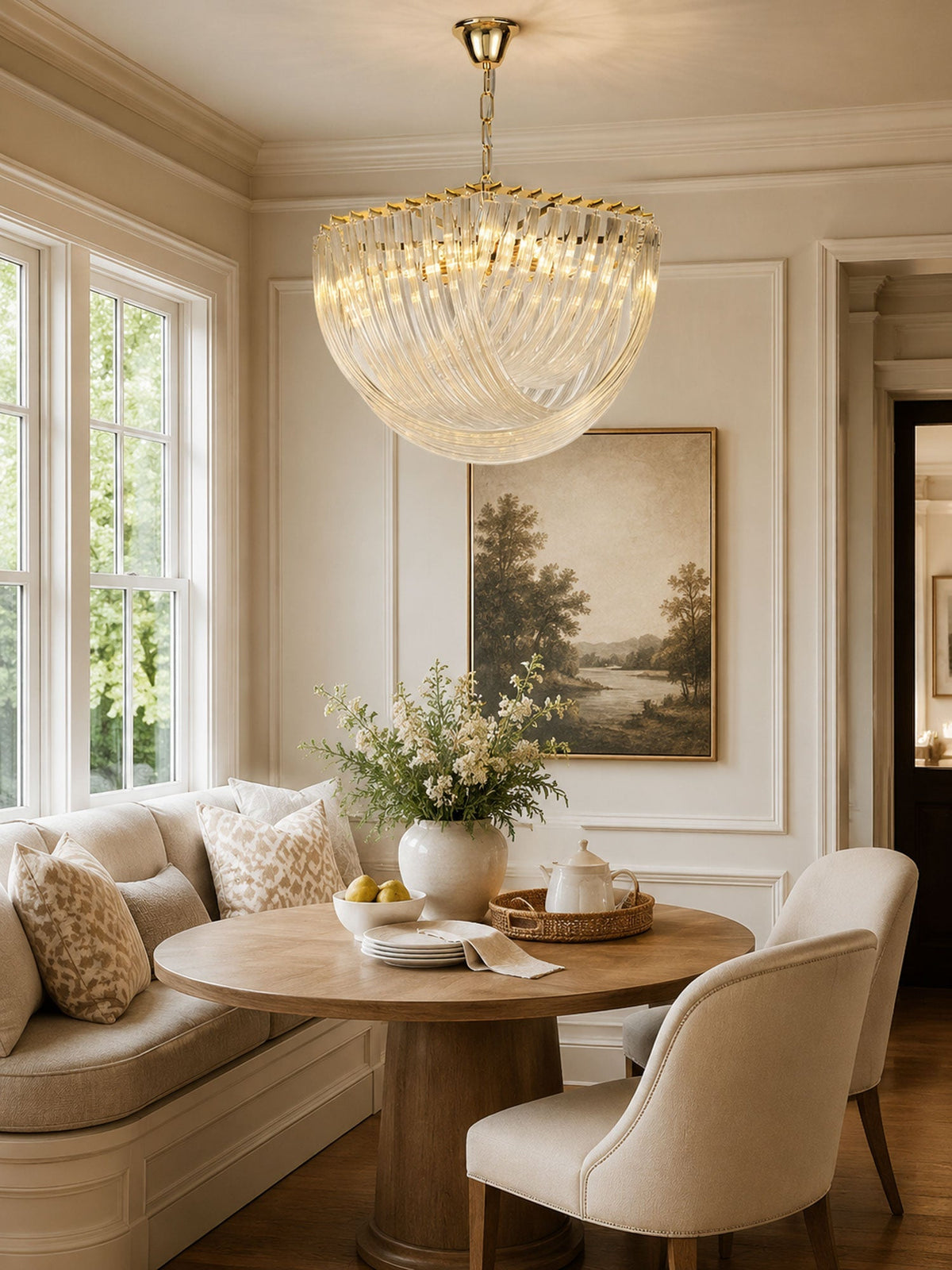 Trevi Glass Chandelier — Polished Gold Canopy, Curved Clear Glass Rods, 5 Sizes