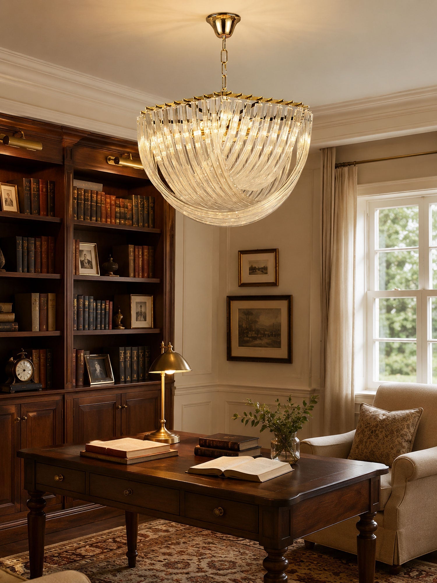 Trevi Glass Chandelier — Polished Gold Canopy, Curved Clear Glass Rods, 5 Sizes