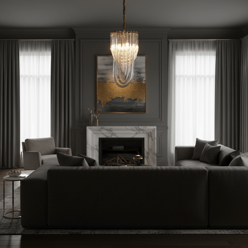 Trevi Glass Chandelier — Polished Gold Canopy, Curved Clear Glass Rods, 5 Sizes