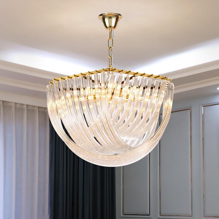 Trevi Glass Chandelier — Polished Gold Canopy, Curved Clear Glass Rods, 5 Sizes