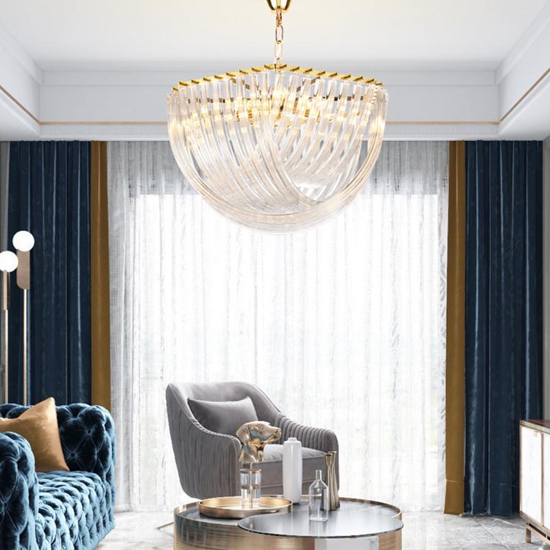 Trevi Glass Chandelier — Polished Gold Canopy, Curved Clear Glass Rods, 5 Sizes
