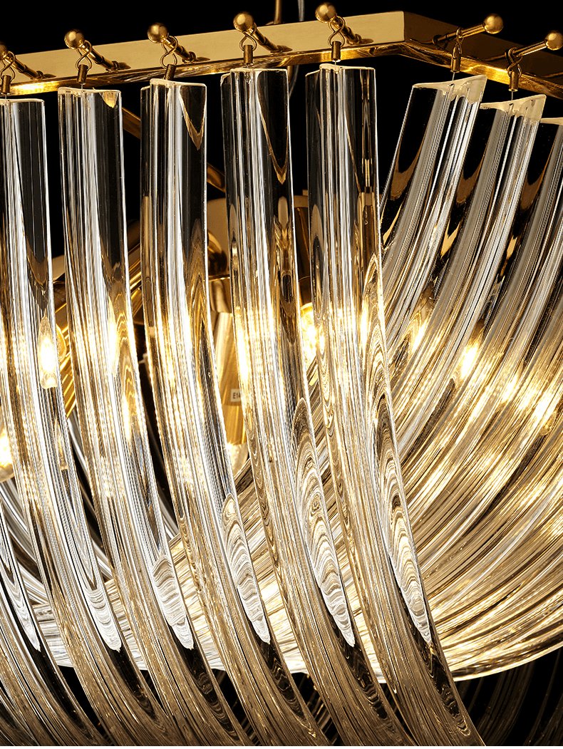 Trevi Glass Chandelier — Polished Gold Canopy, Curved Clear Glass Rods, 5 Sizes