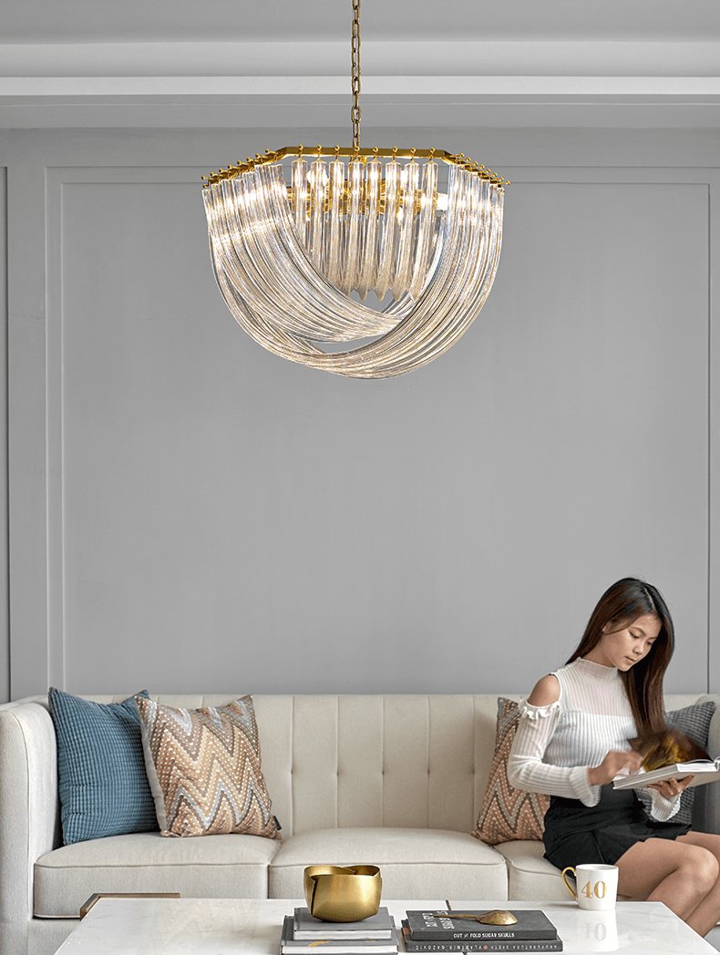 Trevi Glass Chandelier — Polished Gold Canopy, Curved Clear Glass Rods, 5 Sizes