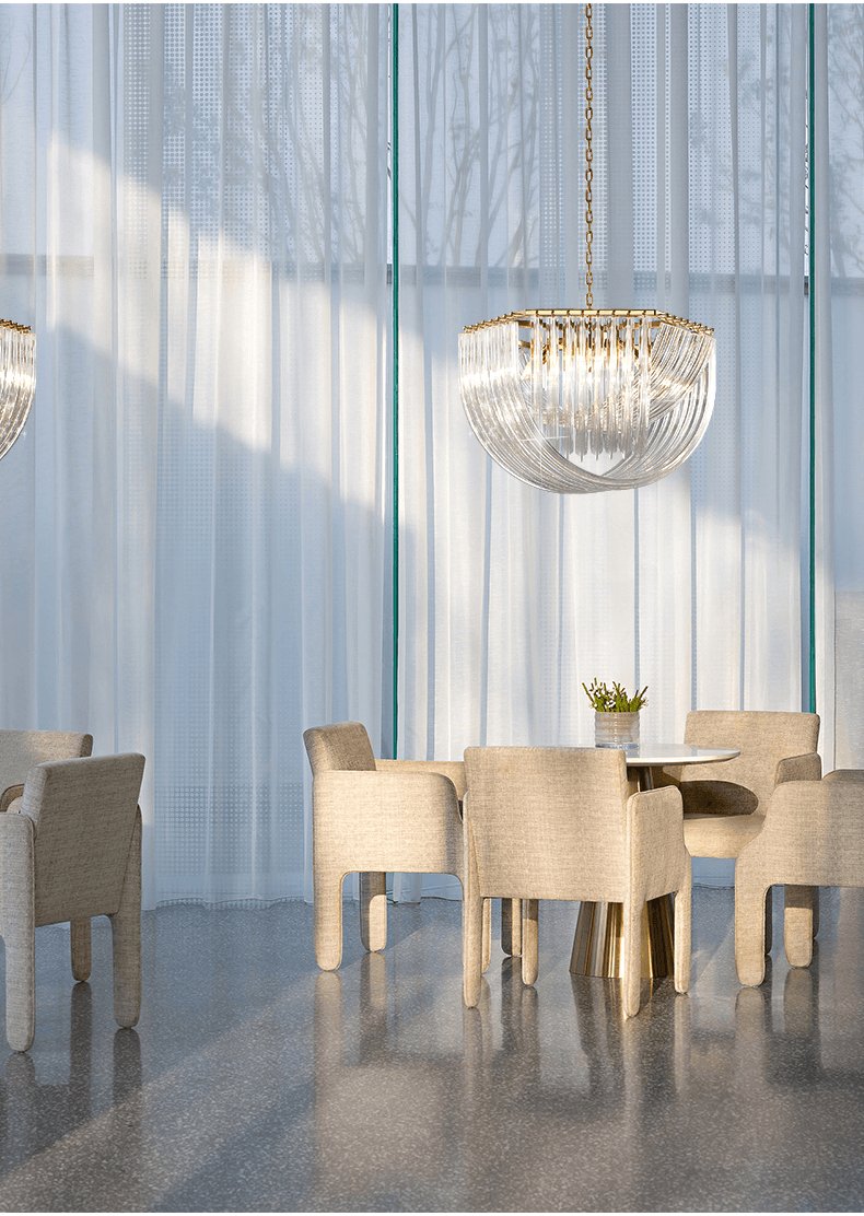 Trevi Glass Chandelier — Polished Gold Canopy, Curved Clear Glass Rods, 5 Sizes