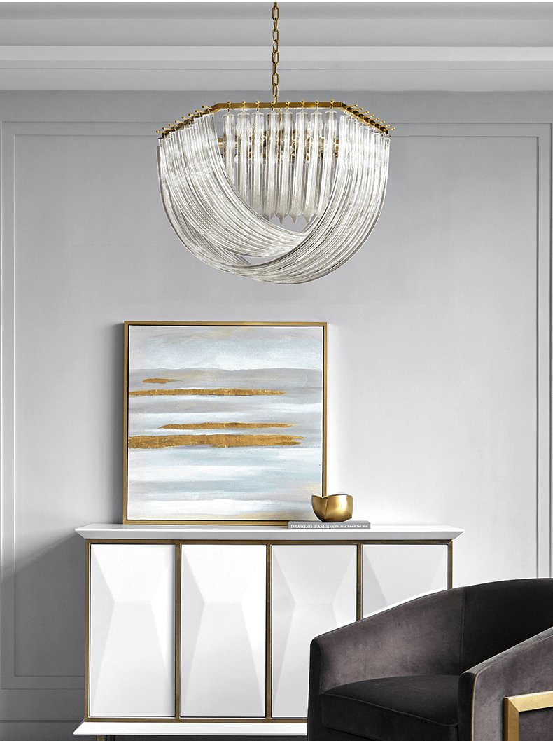 Trevi Glass Chandelier — Polished Gold Canopy, Curved Clear Glass Rods, 5 Sizes