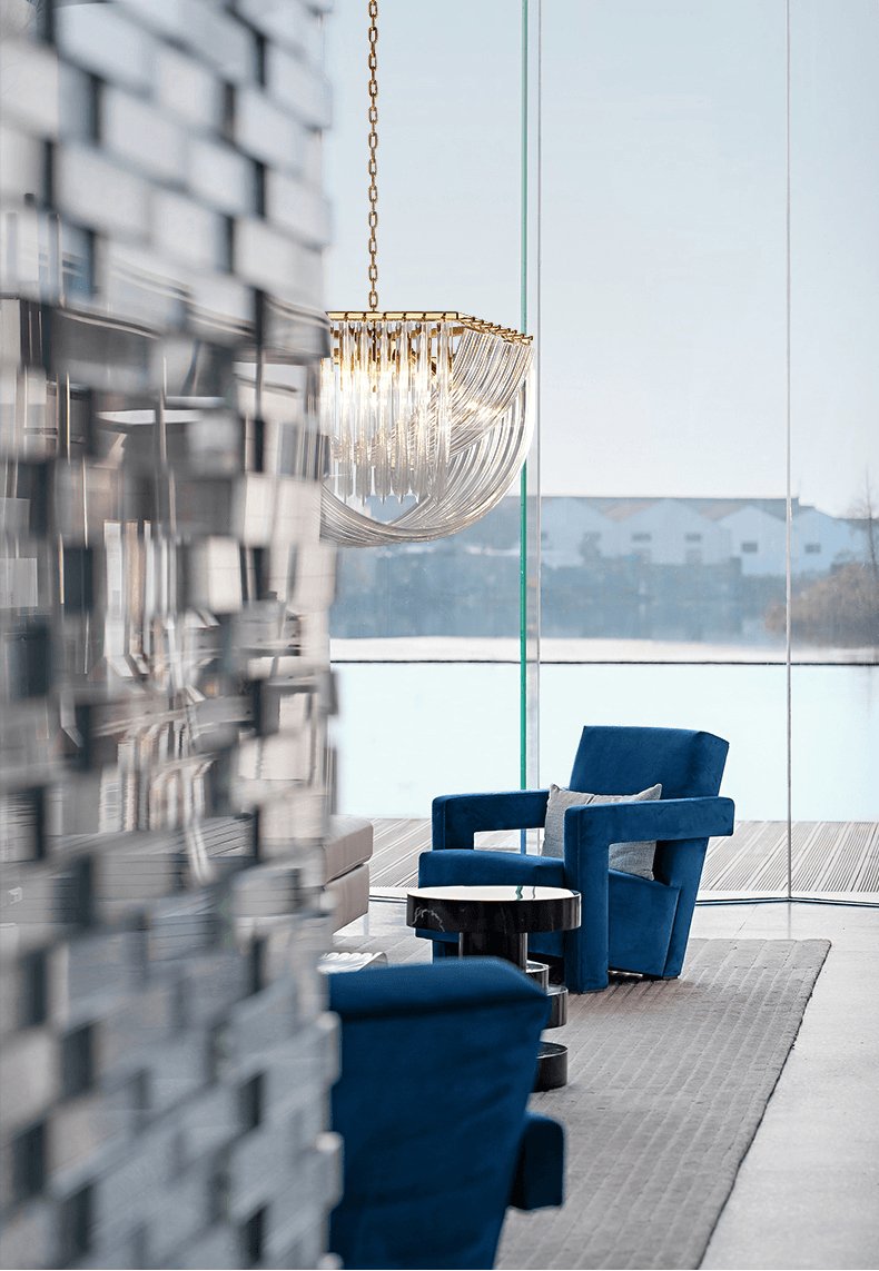 Trevi Glass Chandelier — Polished Gold Canopy, Curved Clear Glass Rods, 5 Sizes