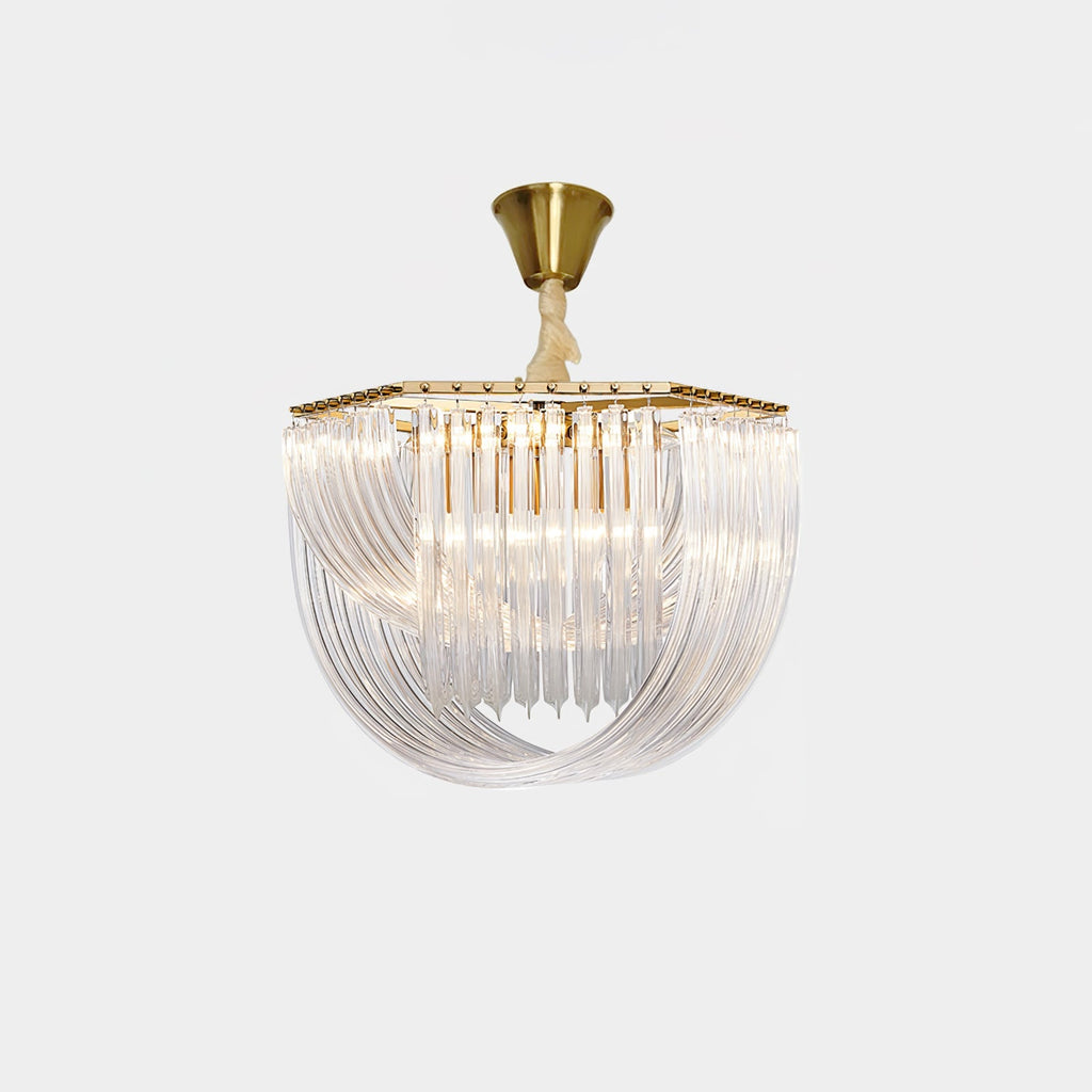 Trevi Glass Chandelier — Polished Gold Canopy, Curved Clear Glass Rods, 5 Sizes