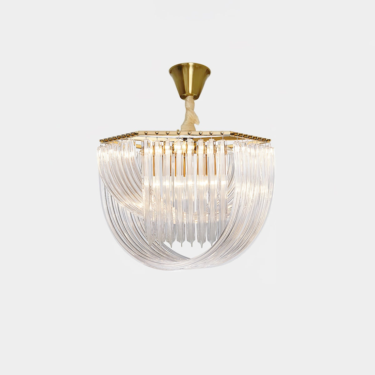 Trevi Glass Chandelier — Polished Gold Canopy, Curved Clear Glass Rods, 5 Sizes