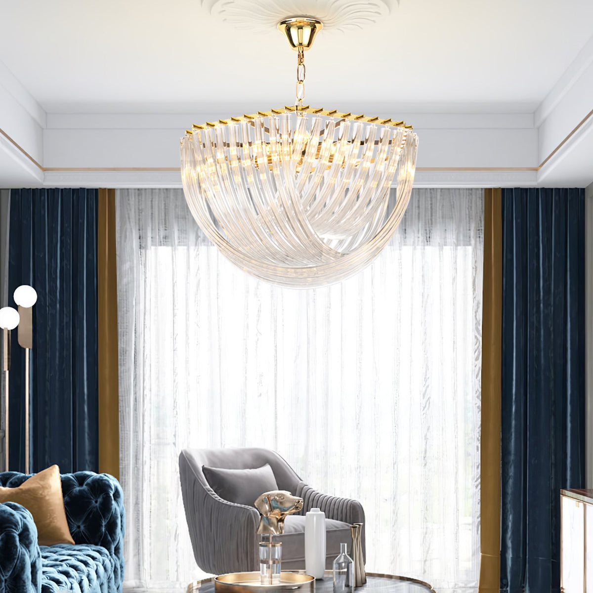 Trevi Glass Chandelier — Polished Gold Canopy, Curved Clear Glass Rods, 5 Sizes