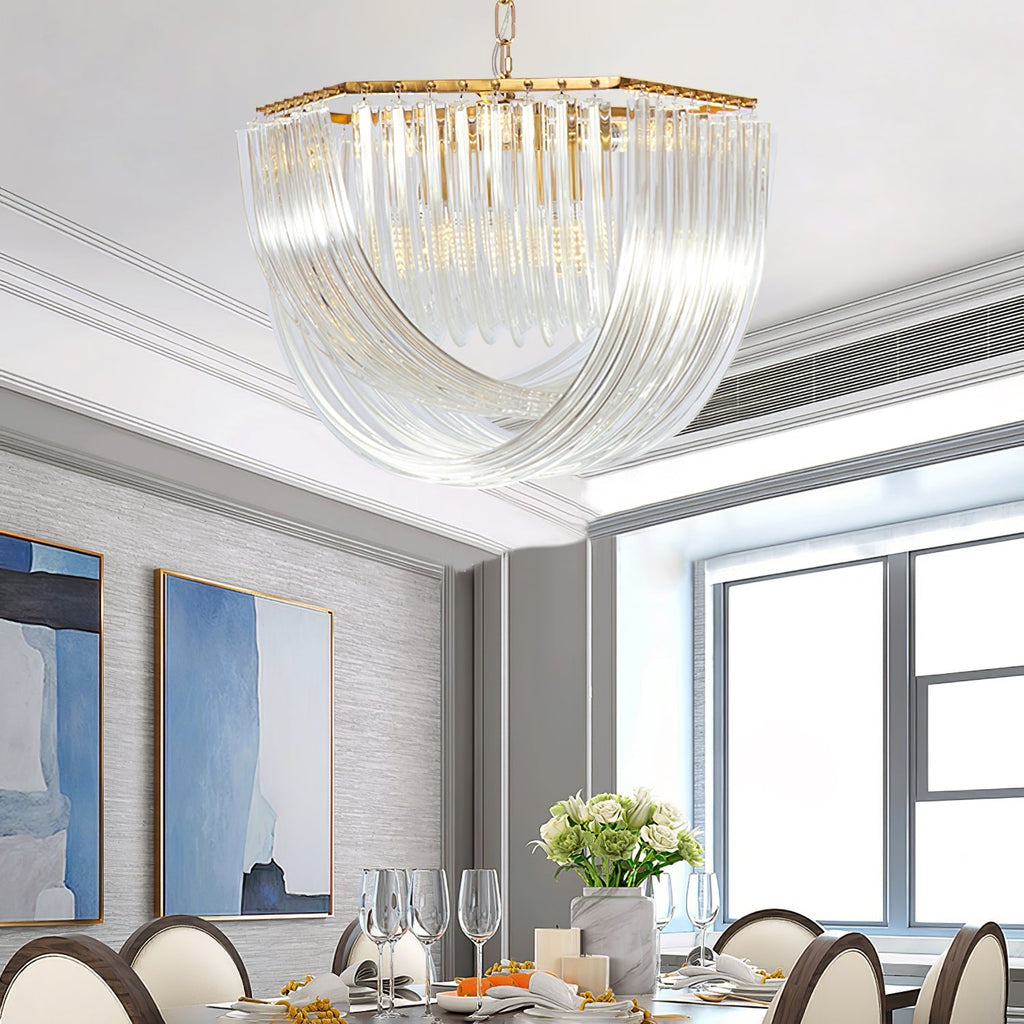 Trevi Glass Chandelier — Polished Gold Canopy, Curved Clear Glass Rods, 5 Sizes