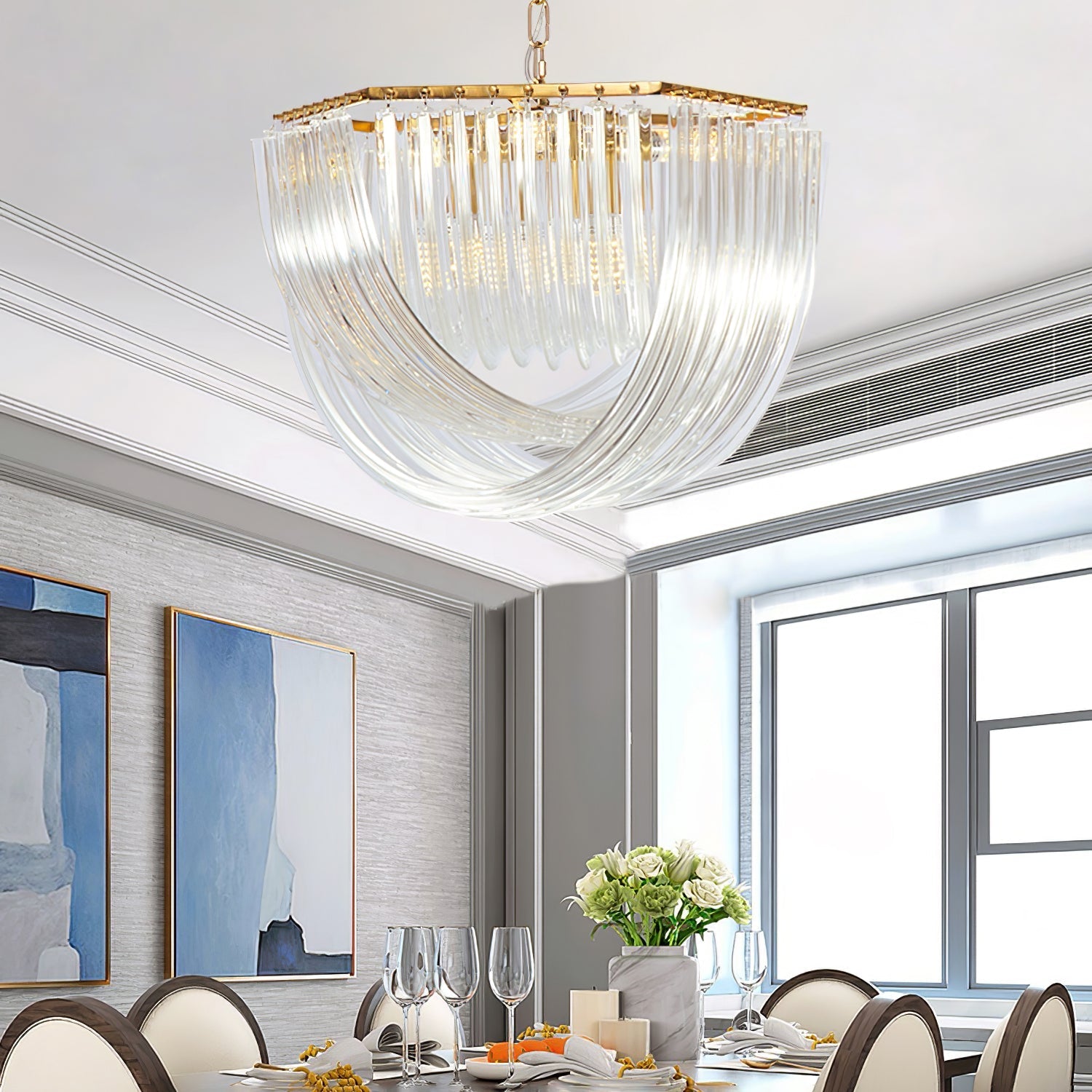 Trevi Glass Chandelier — Polished Gold Canopy, Curved Clear Glass Rods, 5 Sizes