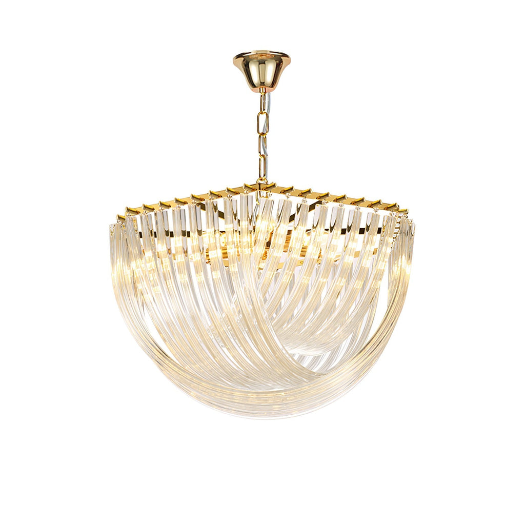 Trevi Glass Chandelier — Polished Gold Canopy, Curved Clear Glass Rods, 5 Sizes
