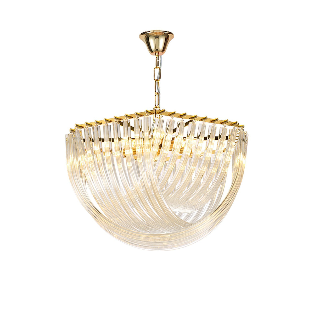 Trevi Glass Chandelier — Polished Gold Canopy, Curved Clear Glass Rods, 5 Sizes