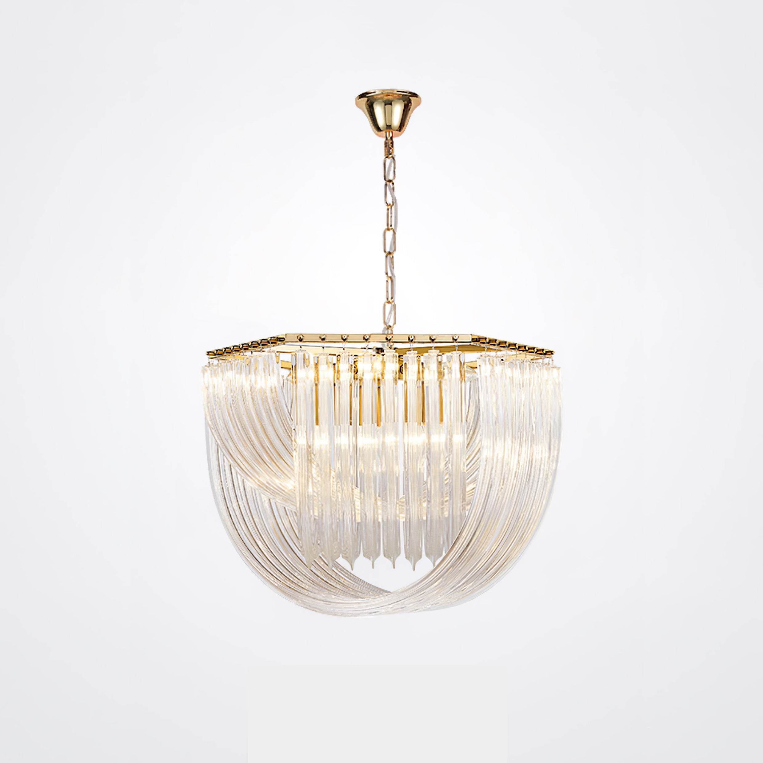 Trevi Glass Chandelier — Polished Gold Canopy, Curved Clear Glass Rods, 5 Sizes