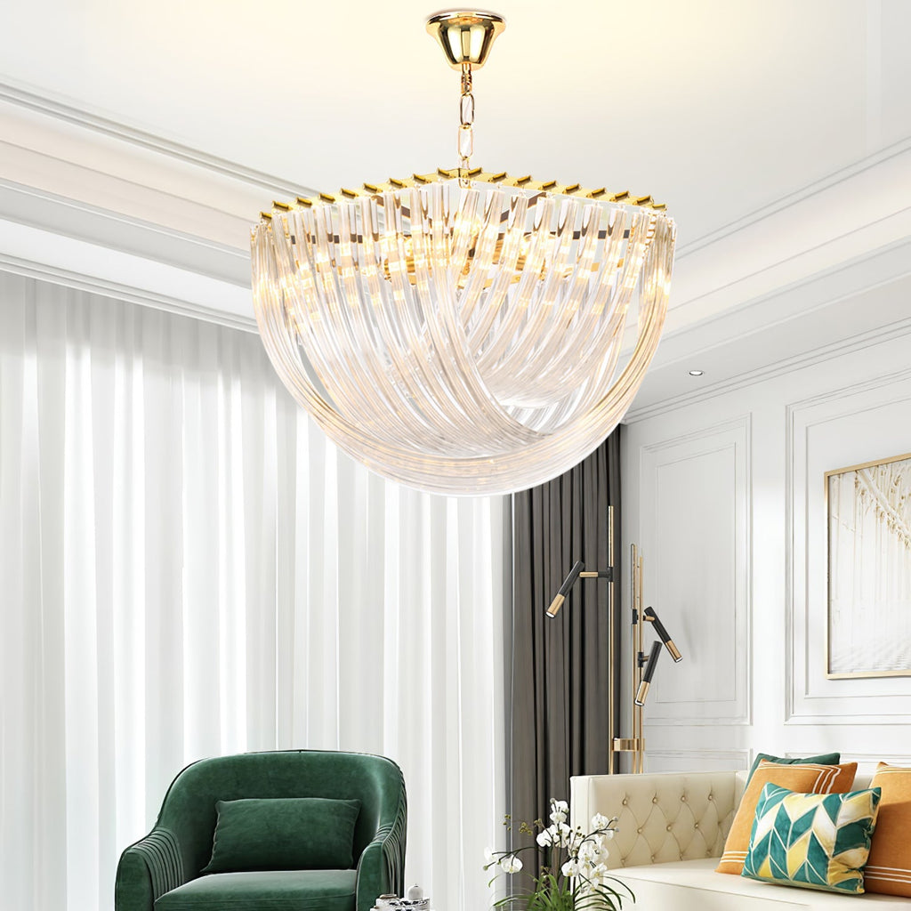 Trevi Glass Chandelier — Polished Gold Canopy, Curved Clear Glass Rods, 5 Sizes