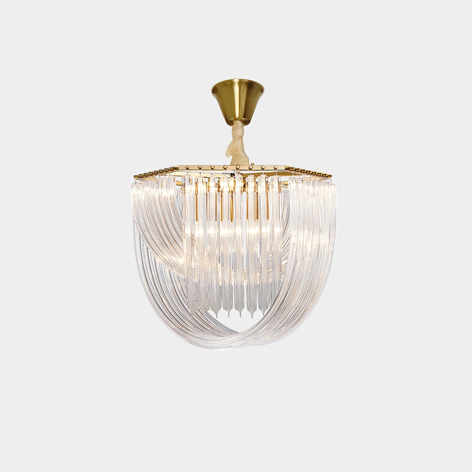 Trevi Glass Chandelier — Polished Gold Canopy, Curved Clear Glass Rods, 5 Sizes