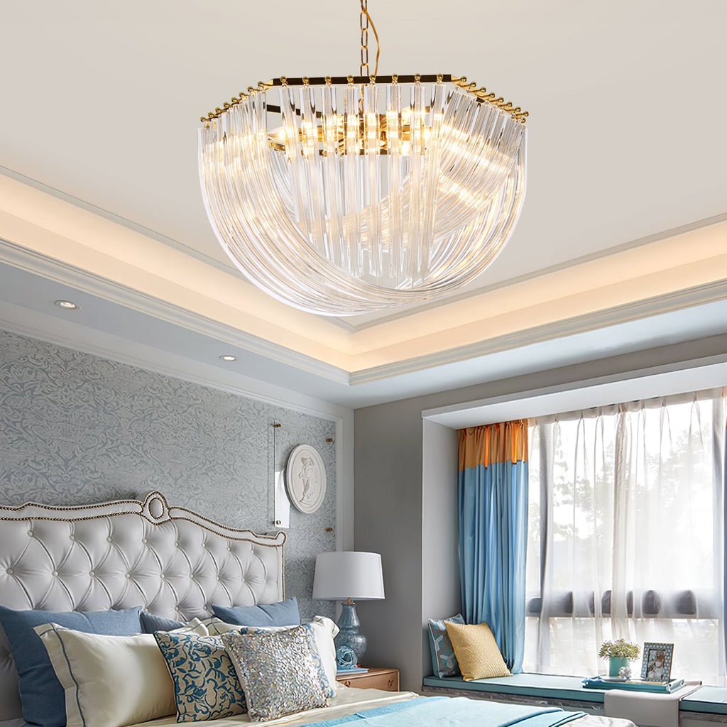 Trevi Glass Chandelier — Polished Gold Canopy, Curved Clear Glass Rods, 5 Sizes