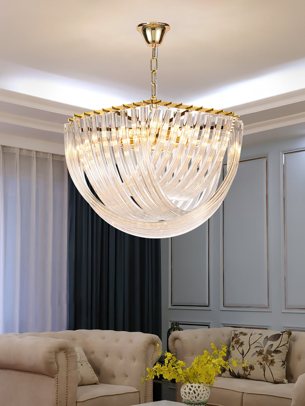 Trevi Glass Chandelier — Polished Gold Canopy, Curved Clear Glass Rods, 5 Sizes