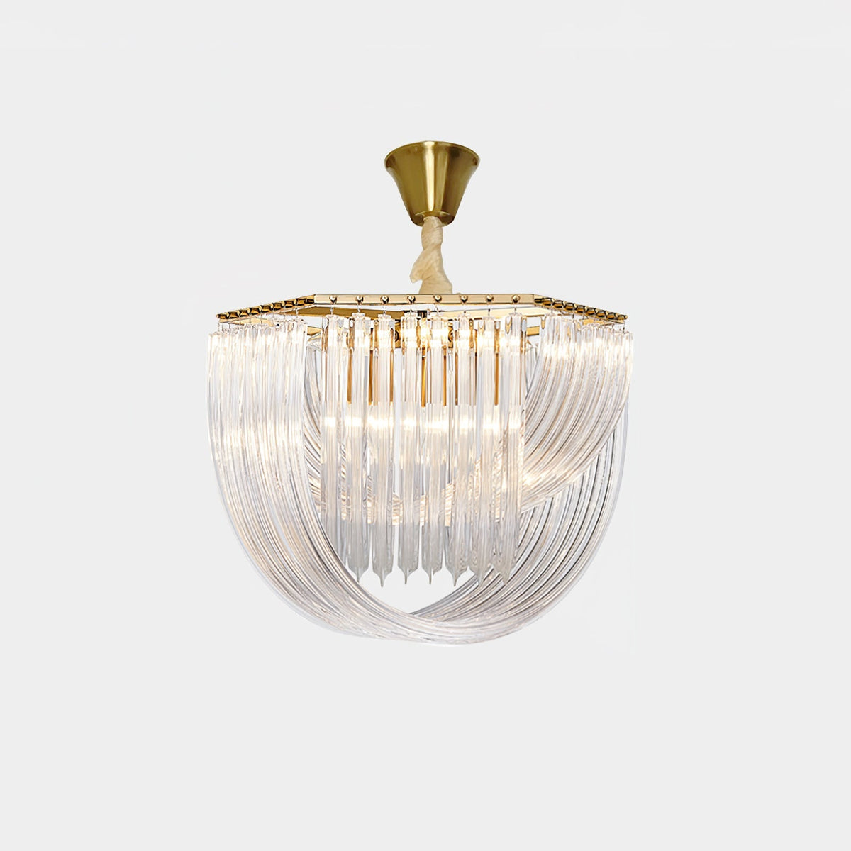 Trevi Glass Chandelier — Polished Gold Canopy, Curved Clear Glass Rods, 5 Sizes