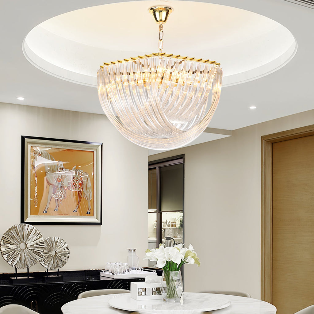 Trevi Glass Chandelier — Polished Gold Canopy, Curved Clear Glass Rods, 5 Sizes