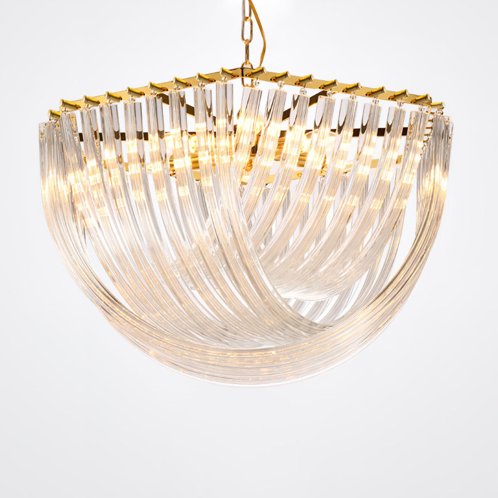Trevi Glass Chandelier — Polished Gold Canopy, Curved Clear Glass Rods, 5 Sizes