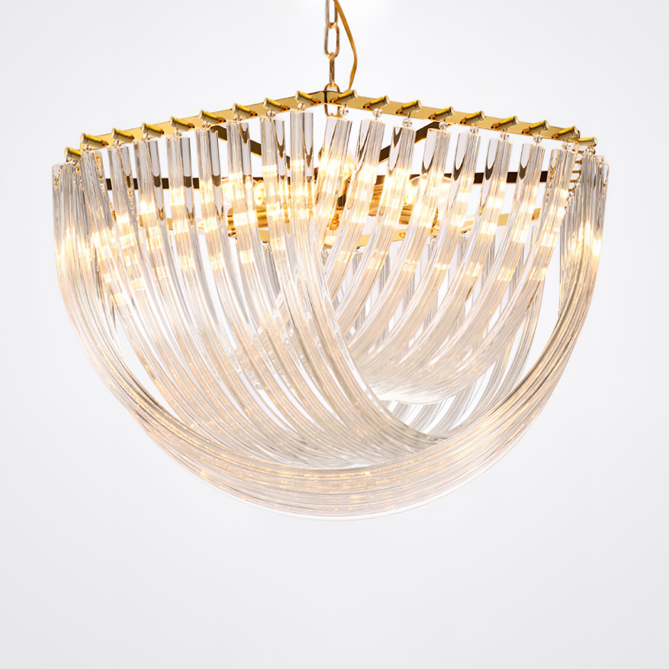 Trevi Glass Chandelier — Polished Gold Canopy, Curved Clear Glass Rods, 5 Sizes