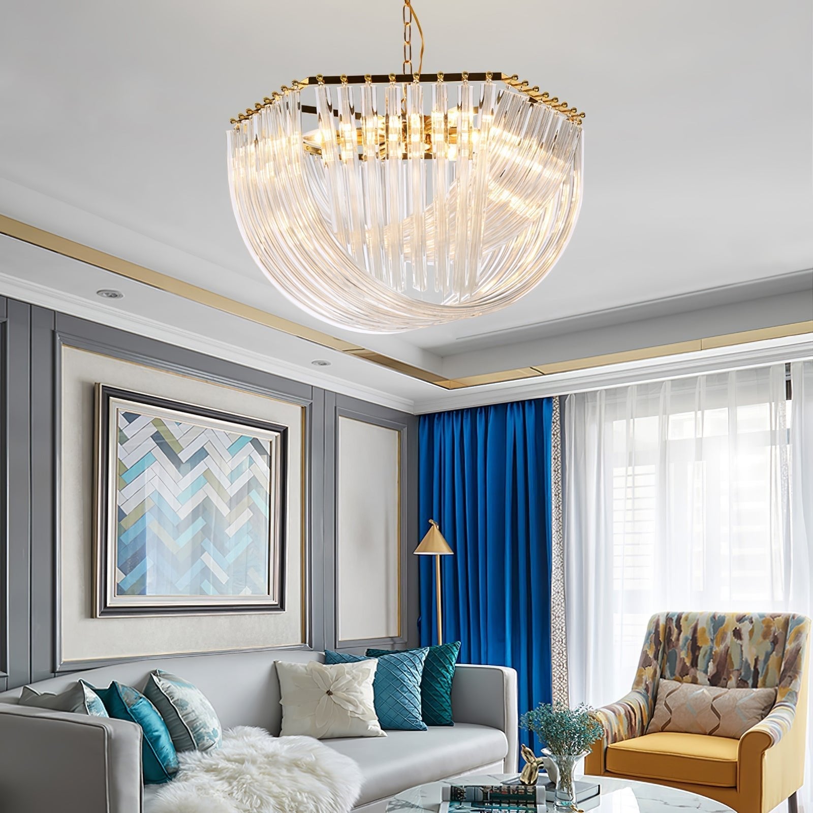 Trevi Glass Chandelier — Polished Gold Canopy, Curved Clear Glass Rods, 5 Sizes