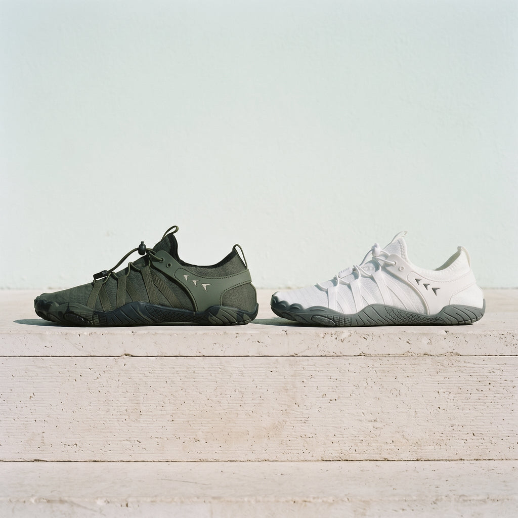 Green and white barefoot shoes side by side on a stone ledge
