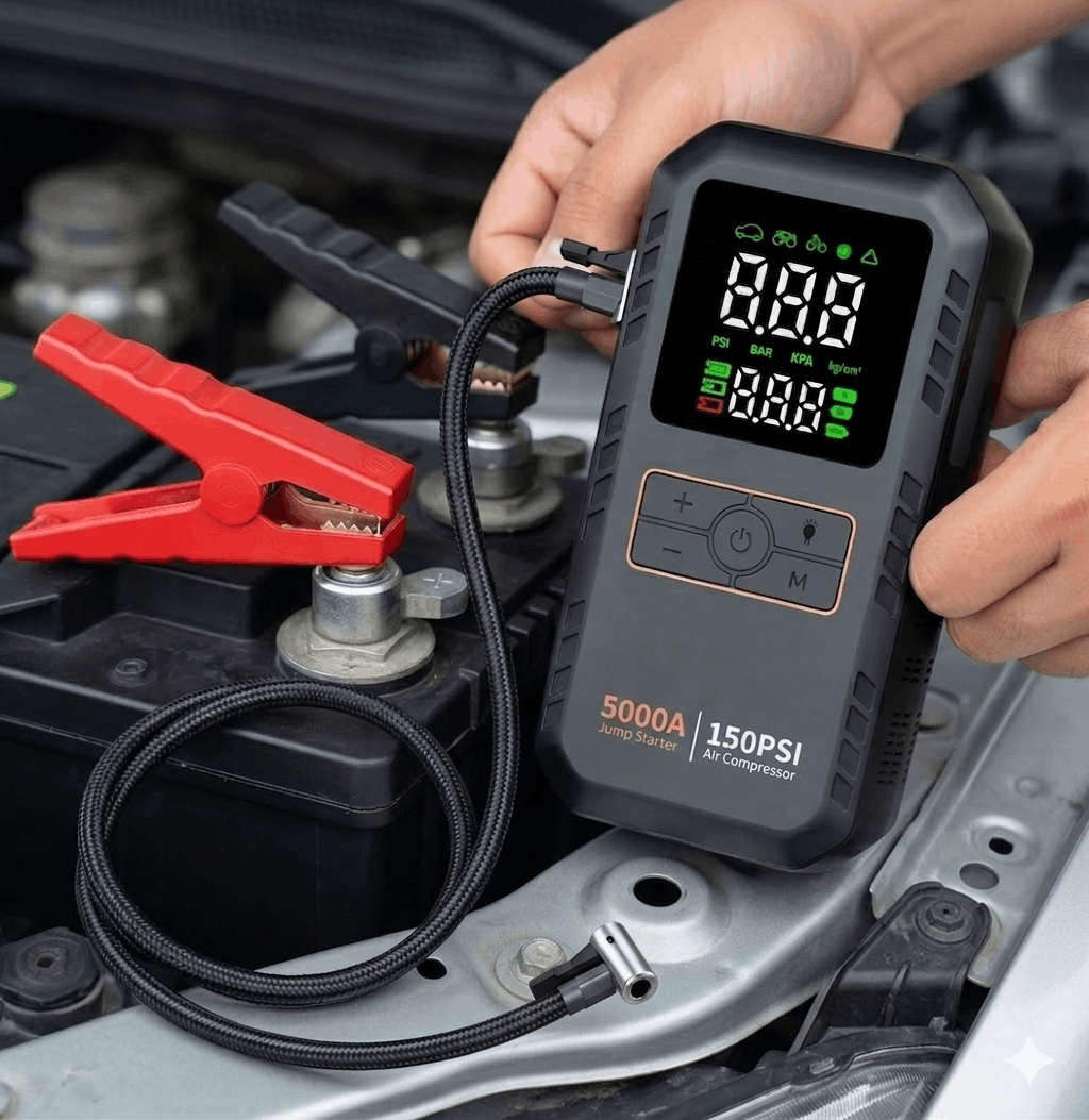 Přenosný startér do auta - 5000A špičkový proud - 4 v 1 - vzduchový kompresor - 16000mAh - 150 PSI