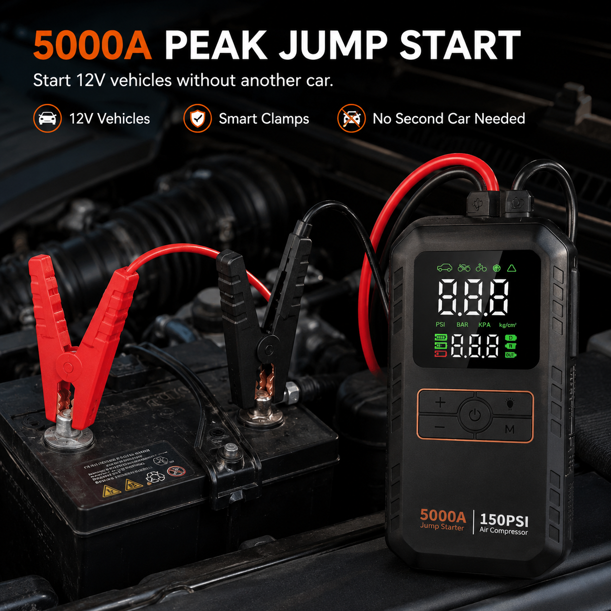 Přenosný startér do auta - 5000A špičkový proud - 4 v 1 - vzduchový kompresor - 16000mAh - 150 PSI